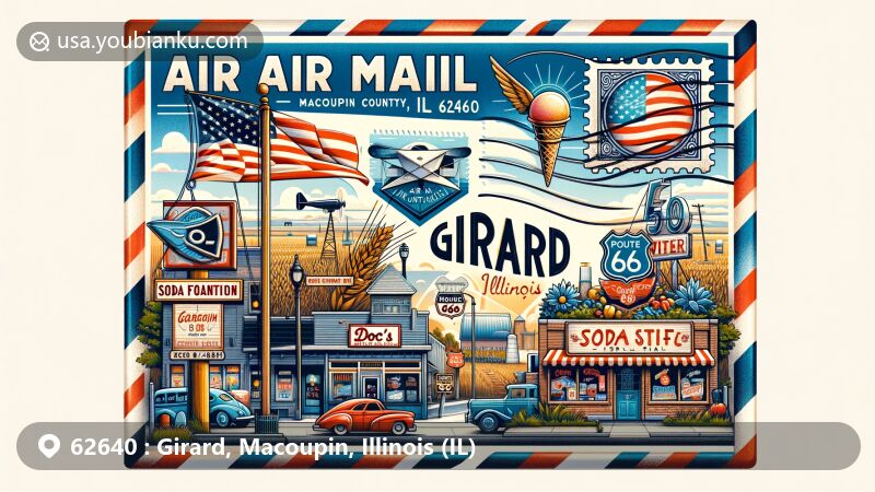Modern illustration of Girard, Macoupin County, Illinois, featuring air mail envelope with Illinois state flag stamp and Girard postmark 62640, including landmarks like Doc's Soda Fountain and ice cream cone.