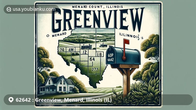 Vintage illustration of Greenview, Menard County, Illinois, with rustic mailbox displaying ZIP code 62642 amidst lush greenery and outline of Menard County, featuring historic building silhouette.