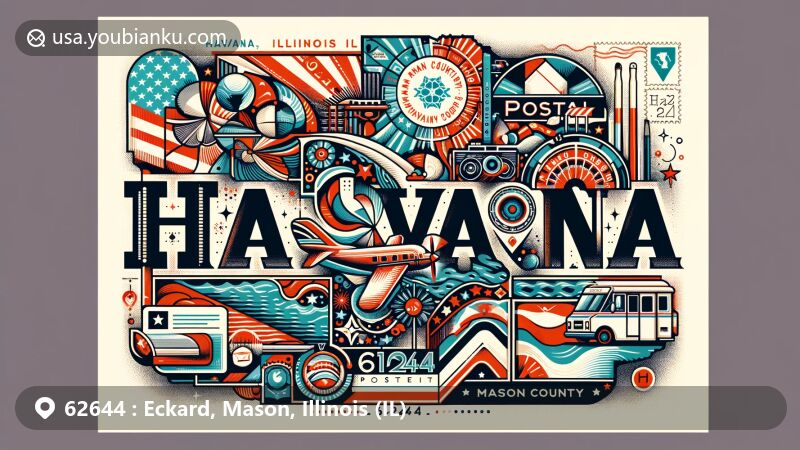 Modern illustration of Havana, IL, Mason County, Illinois, featuring postal theme with ZIP code 62644, incorporating vintage postcard and air mail envelope design, stamps, postmark 'Havana, IL 62644', and mailbox, showcasing geographical identity and postal significance.