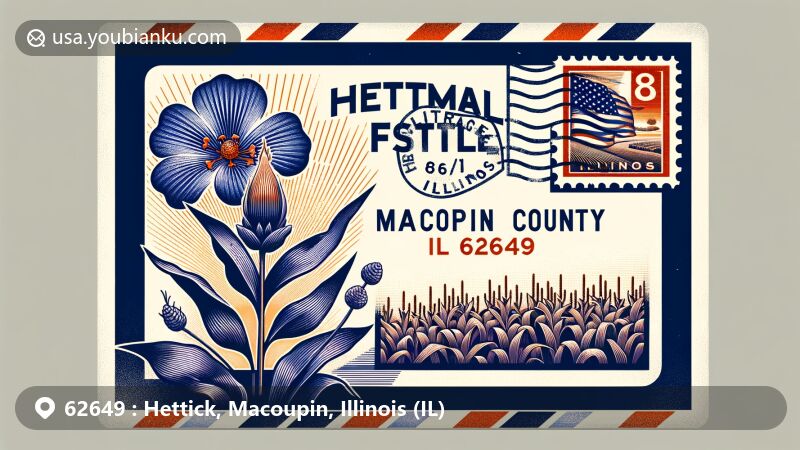 Vintage-style illustration of Hettick, Macoupin County, Illinois, celebrating ZIP code 62649 with airmail envelope, state flag stamp, postmark, and symbolic cornfields and violets.