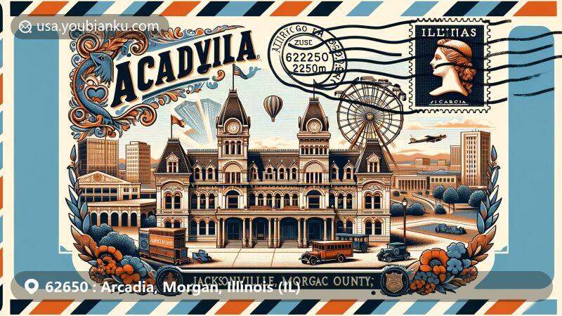 Modern illustration of Arcadia, Morgan County, Illinois, in ZIP code 62650, featuring Jacksonville Downtown Historic District, Governor Duncan Mansion, Big Eli Ferris Wheel, Illinois School for the Deaf, Illinois School for the Visually Impaired, vintage air mail envelope with postal symbols and Illinois state flag.
