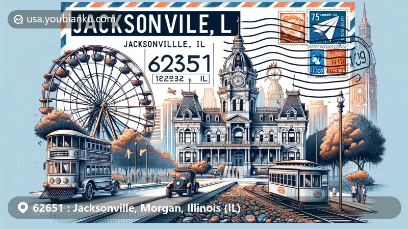 Contemporary illustration of Jacksonville, Illinois, showcasing Governor Duncan Mansion, Big Eli Ferris Wheel, and Illinois College, emphasizing the city's historical and educational landmarks alongside postal elements like airmail envelope and stamps.