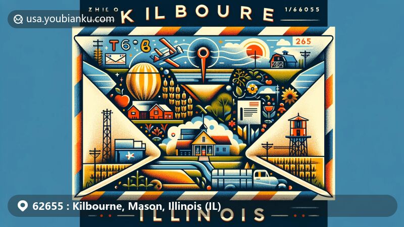 Modern illustration of Kilbourne, Mason County, Illinois, showcasing creative postal theme with open air mail envelope, stylized village map, rural life elements, and Illinois state flag stamp.