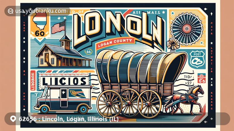 Modern illustration of Lincoln, Logan County, Illinois, featuring postal theme with ZIP code 62656, showcasing the World's Largest Covered Wagon, The Mill Museum, Route 66 heritage, Logan County outline, and Illinois state flag.