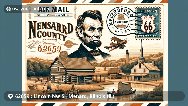 Illustration of Menard County, Illinois, showcasing ZIP code 62659's connection to Abraham Lincoln, featuring vintage air mail envelope with New Salem Historic Site, Petersburg surveying work, and Route 66 attractions.