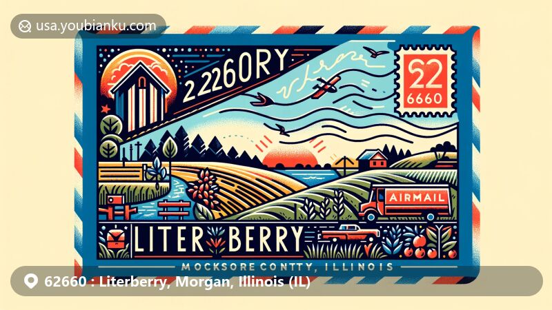 Modern illustration of Literberry, Illinois, showcasing postal theme with ZIP code 62660, featuring rural landscapes, iconic landmarks, Morgan County outline, and subtle nod to Jacksonville.