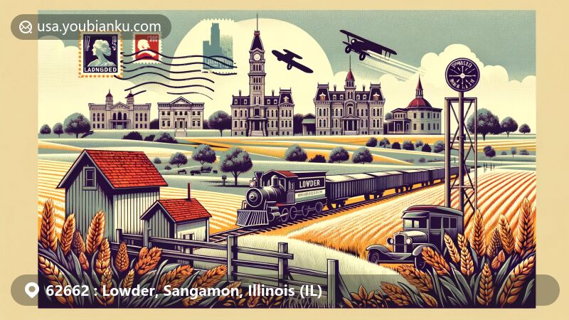 Modern illustration of Lowder, Sangamon, Illinois, featuring rural charm and historical elements from Sangamon County, with classic architecture and postal theme.