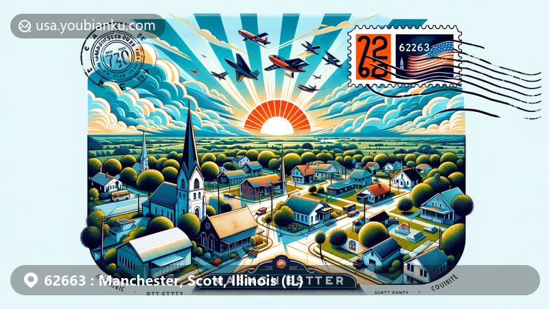 Modern illustration of Manchester, Scott County, Illinois, showcasing postal theme with ZIP code 62663, highlighting village charm and community landmarks like Manchester Post Office and Baptist Church.