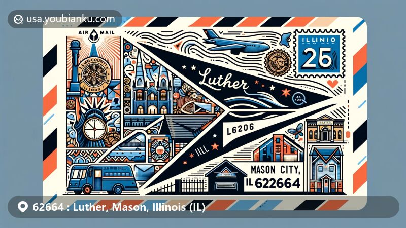 Modern illustration of Luther and Mason City areas in Mason County, Illinois, showcasing a postal theme with ZIP code 62664, featuring local landmarks and cultural symbols.