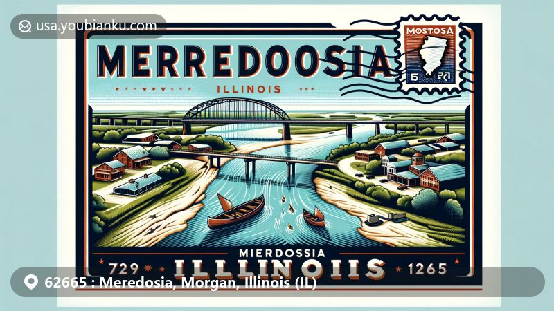 Modern illustration of Meredosia, Morgan County, Illinois, showcasing postal theme with ZIP code 62665, featuring Illinois River and local wildlife refuge.