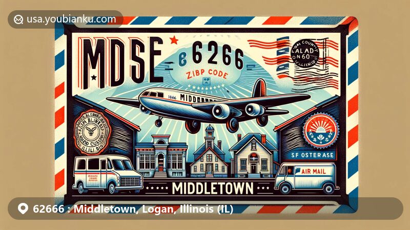 Modern illustration of Middletown, Logan County, Illinois, showcasing postal theme with ZIP code 62666, featuring Knapp Library and Museum, Dunlap House, vintage stamp, postmark, American mailbox, and mail van.