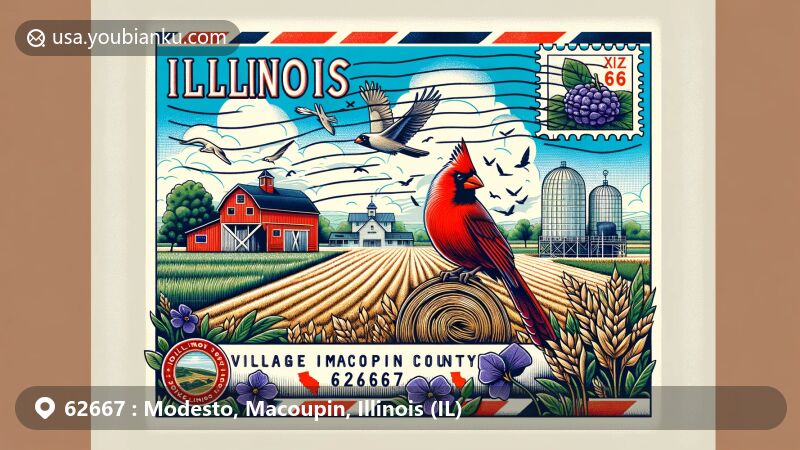 Modern illustration of Modesto village, Macoupin County, Illinois, capturing rural life with fields, barn, and state symbols like the Northern Cardinal and Purple Violet, framed in a vintage air mail envelope with Illinois state flag and ZIP code 62667.