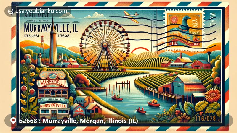 Modern illustration of Murrayville, Morgan County, Illinois, resembling an air mail envelope with iconic symbols like the Big Eli Ferris Wheel and the Clayville Historic Site, highlighting the village's charm and history.