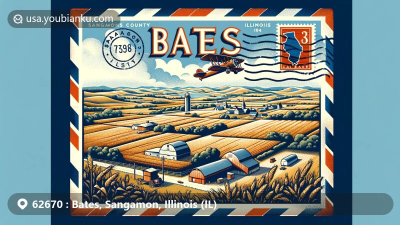 Modern illustration of Bates community, Sangamon County, Illinois, featuring open air mail envelope and Midwestern landscape with agricultural fields.