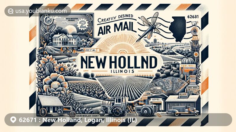 Modern illustration of New Holland, Illinois, depicting a creatively designed airmail envelope with ZIP code 62671, featuring Logan County outline, agricultural imagery, and Knapp Library and Museum.