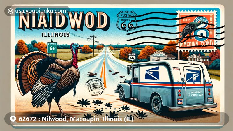 Modern illustration of Nilwood, Illinois, in Macoupin County, showcasing natural scenery and iconic Route 66 with unique turkey tracks, featuring stamp of Illinois state flag and Macoupin County outline.