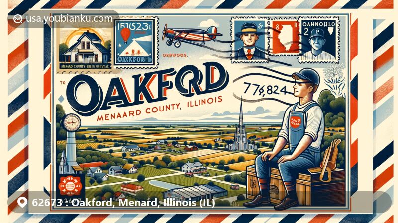 Modern illustration of Oakford, Menard County, Illinois, featuring ZIP code 62673 and vintage postal elements with local landmarks and personalities.