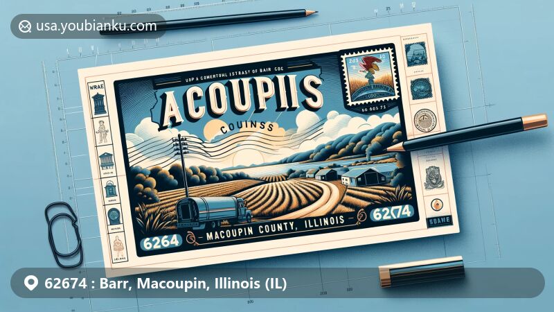 Modern illustration of Macoupin County, Illinois, combining rural scenery with postal elements and showcasing ZIP code 62674 and state symbol.