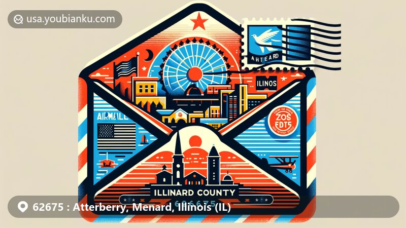 Modern illustration of Menard County, Illinois, featuring Atterberry region with typical Midwestern town scenery, showcasing postal elements like ZIP code 62675, postage stamp, and postmark, enhancing regional identification.