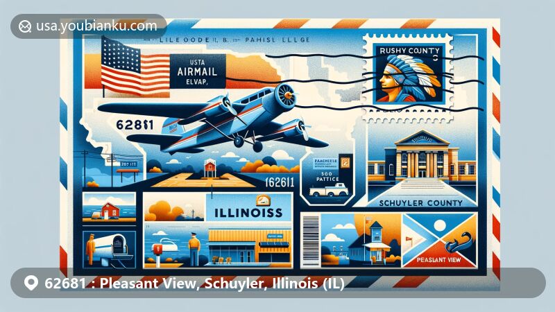 Modern illustration of Pleasant View area in Schuyler County, Illinois, highlighting ZIP Code 62681, featuring airmail envelope with Illinois state outline, emphasizing Schuyler County and Pleasant View, with Rushville's 'Hart Fellows - Builder of Rushville' post office mural on simulated postage stamp, integrating Illinois symbols and postal elements.