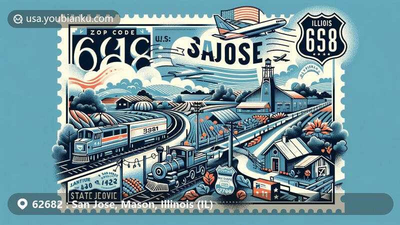 Modern illustration of San Jose, Illinois, focusing on ZIP code 62682, with U.S. Route 136 symbolizing connectivity and regional significance. The design showcases rural life, agriculture, and small-town charm, featuring a postal theme with vintage air mail elements and the Illinois state flag.