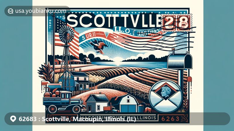 Modern illustration of Scottville, Macoupin County, Illinois, depicting rural character with agricultural fields or a small village, featuring Illinois state flag and vintage postal elements like airmail envelope, stamps, and postmark with ZIP code 62683. The design subtly incorporates Macoupin County's map outline.