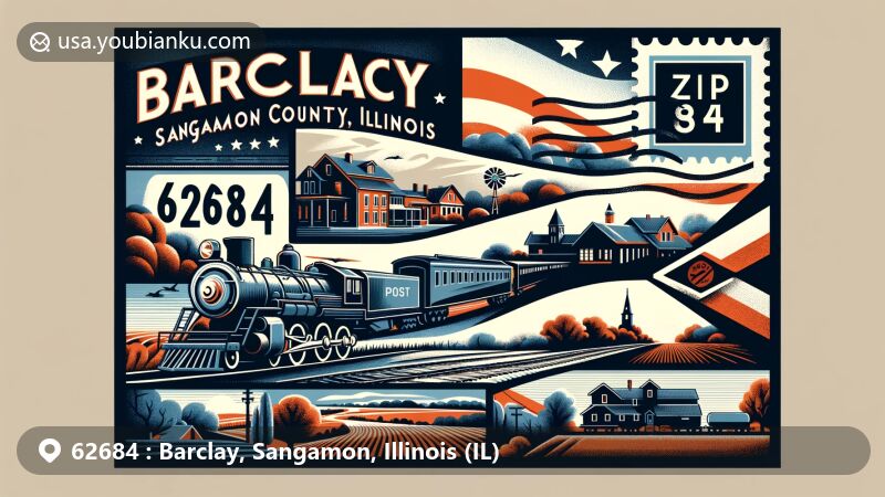 Modern illustration of Barclay, Sangamon County, Illinois, featuring Illinois Route 54, Canadian National Railway, fields, and railroads, with vintage air mail envelope and postcard showcasing Illinois state flag and local landmarks.
