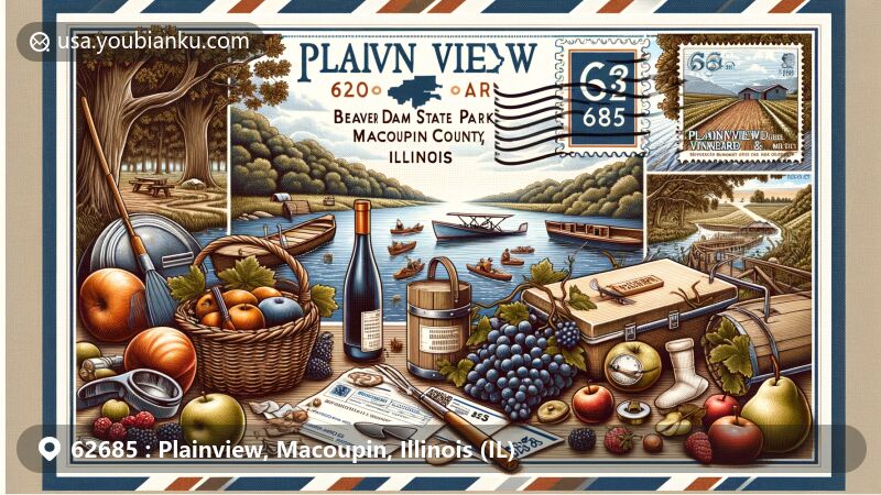 Illustration of Plainview, Macoupin County, Illinois, highlighting zipcode 62685 and Beaver Dam State Park's oak/hickory woodland environment, featuring Plainview Vineyard & Winery, fruits like grapes and blackberries, and postal theme elements.
