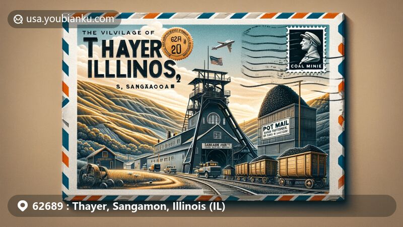 Modern illustration of Thayer, Illinois, highlighting coal mining heritage with ZIP code 62689, featuring vintage coal mine entrance, postcard design, and Illinois landscape.