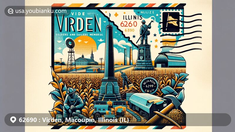 Modern illustration of Virden, Illinois, showcasing postal theme with ZIP code 62690, featuring Soldiers and Sailors Memorial, coal mining symbols, agricultural landscape, and Illinois state elements.