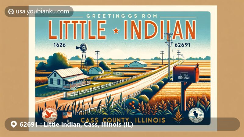 Modern illustration of Little Indian, Cass County, Illinois, showcasing rural charm with typical landscapes including fields, a river, and a forested area. Features Illinois state flag, framed in postal stamp with ZIP code 62691. Includes subtle representation of local landmarks like Panther Creek State Wildlife Refuge or Sangamon River.