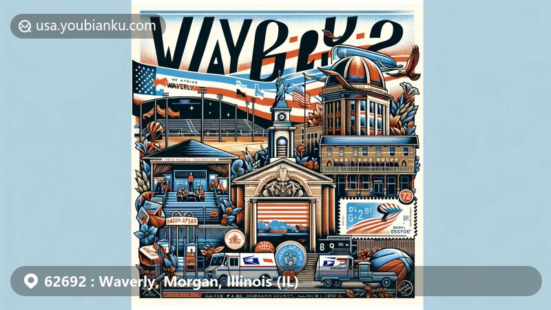 Modern illustration of Waverly, Morgan County, Illinois, merging digital art with postal theme and local landmarks like Salter Park, showcasing War Memorial and Waverly Holiday Tournament basketball event.