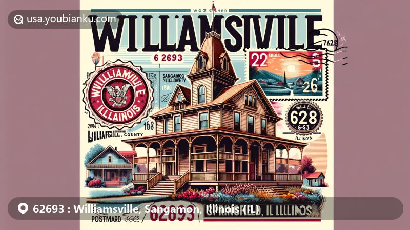 Modern illustration of Williamsville, Illinois in Sangamon County, emphasizing the Price-Prather House, a historical landmark, with small-town charm and community spirit, capturing Illinois' natural and cultural heritage.