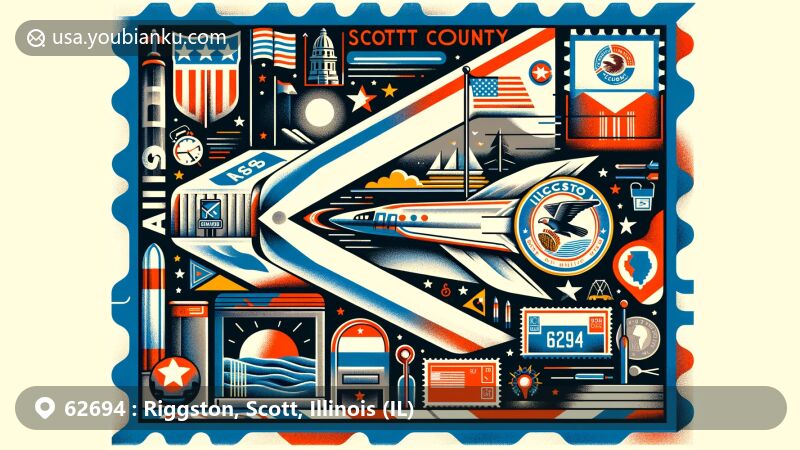 Modern illustration of Riggston, Scott County, Illinois, showcasing postal theme with ZIP code 62694, incorporating Illinois state flag, Scott County shape, and local landmarks.