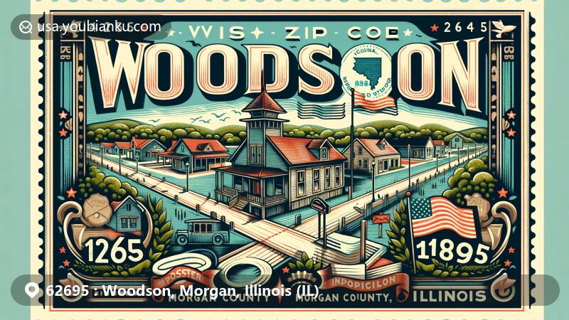 Modern illustration of Woodson, Morgan County, Illinois, showcasing postal theme with ZIP code 62695, featuring Illinois state flag, Morgan County outline, vintage postcard, stamp, postal marks, and highlighting cultural significance and historical charm.