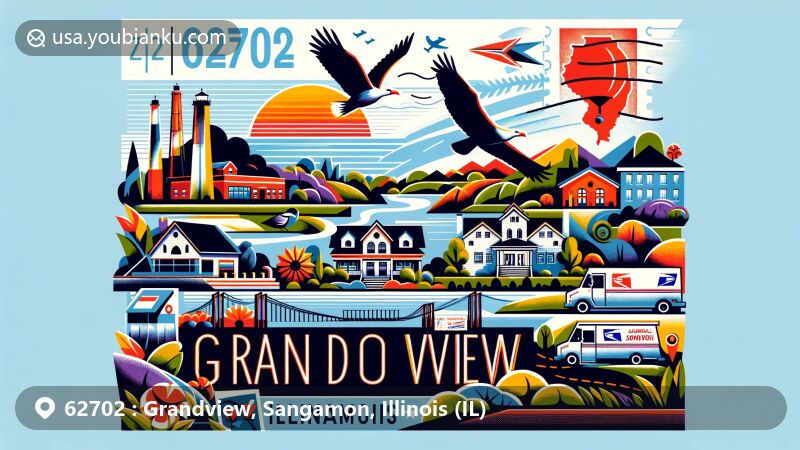 Modern illustration of Grandview, Sangamon County, Illinois, with ZIP code 62702, showcasing state silhouette, Adams Wildlife Sanctuary, and village charm.
