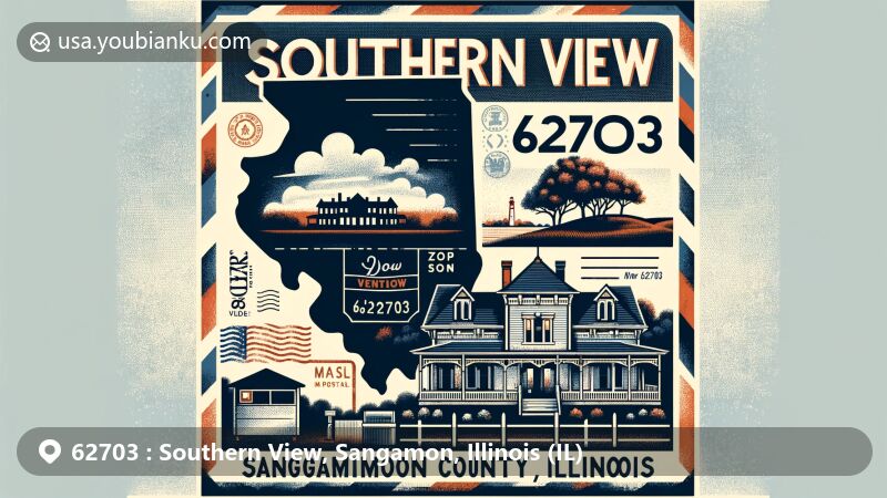 Modern illustration of Southern View, Sangamon County, Illinois, highlighting ZIP code 62703, featuring Dana–Thomas House and vintage postal elements.