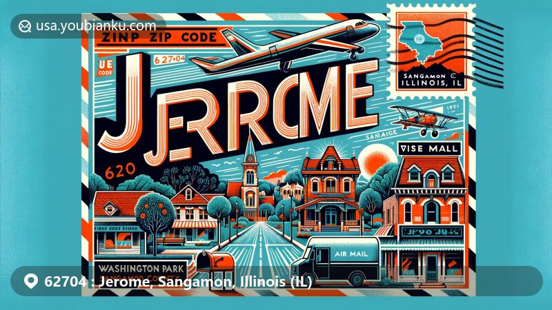 Modern illustration of Jerome, Sangamon County, Illinois, depicting local landmarks like Washington Park, White Oaks Mall, and H. P. Boult House, along with Illinois state symbols, set within a postal theme highlighting ZIP code 62704.