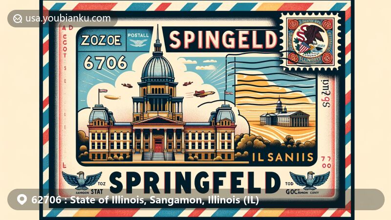 Modern illustration of Springfield, Illinois, focusing on postal theme for ZIP code 62706, featuring Illinois State Capitol and Abraham Lincoln's Home.