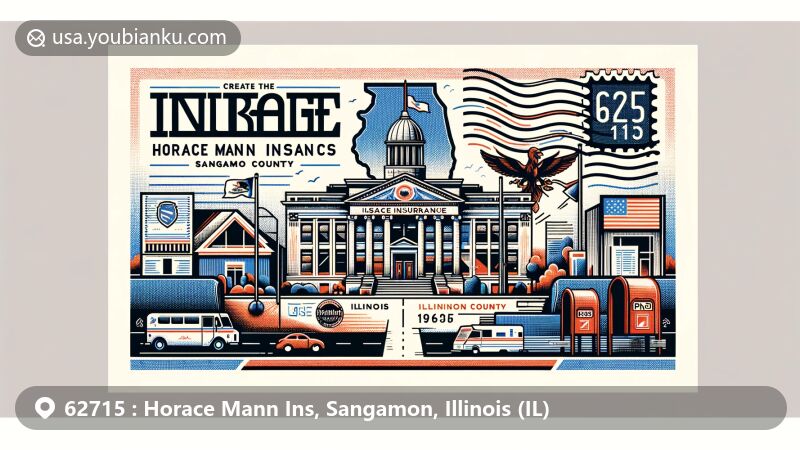 Modern illustration of Horace Mann Ins in Sangamon County, Illinois, showcasing postal theme with ZIP code 62715, featuring the insurance company, Illinois state flag, and Sangamon County landmarks.