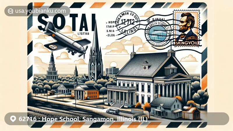 Modern illustration of airmail envelope with Lincoln Tomb stamp and Hope School postmark, representing Sangamon, Illinois postal heritage, set against Springfield architecture and Illinois natural scenery.