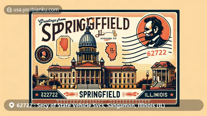 Modern illustration of Springfield, Sangamon County, Illinois, featuring Illinois State Capitol, Abraham Lincoln Presidential Library and Museum, Lincoln Home National Historic Site, vintage postage stamp with Lincoln's silhouette, 'Springfield, IL 62722' postmark, and decorative map of Illinois.