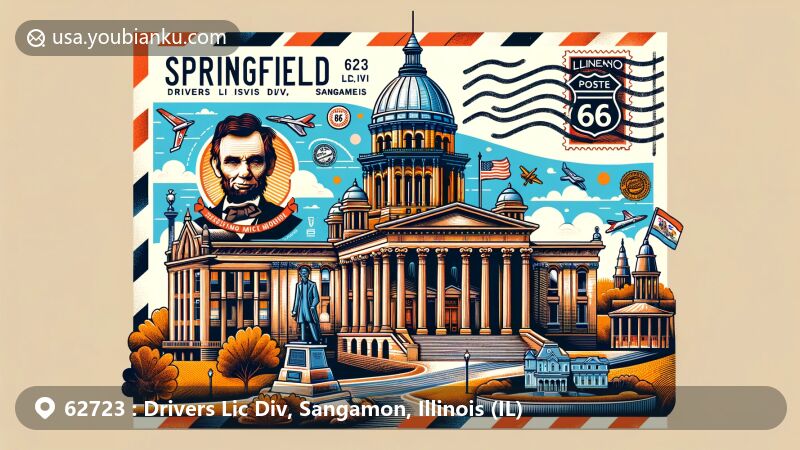 Modern illustration of Drivers Lic Div, Sangamon County, Illinois, showcasing postal theme with ZIP code 62723, featuring Illinois State Capitol, Abraham Lincoln Presidential Library and Museum, Lincoln's Tomb, and Route 66 nostalgia.