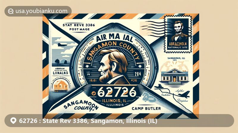 Vintage-style air mail envelope representing ZIP Code 62726 in Sangamon County, Illinois, featuring county symbols like the Lincoln Home National Historic Site, the Sangamon River, the 'Abraham Lincoln and the Talisman' marker, and Camp Butler. Includes postal elements like a stamp of Abraham Lincoln and a postal mark dated February 8, 2024.