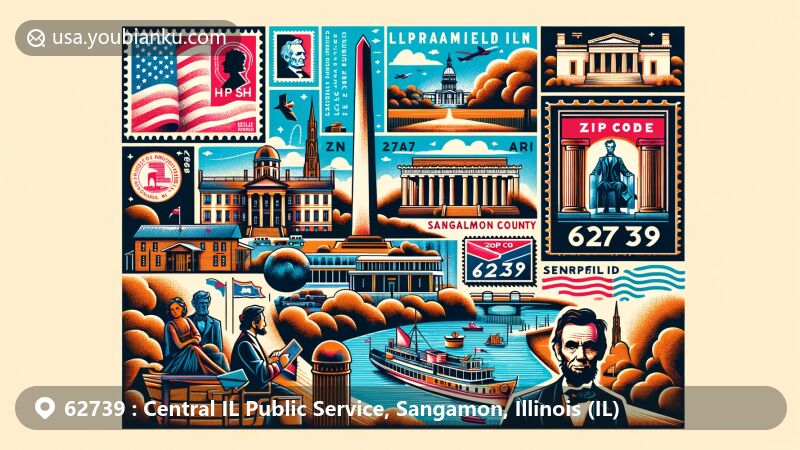 Modern illustration of Central IL Public Service area, Sangamon County, Illinois, with ZIP code 62739, showcasing regional landmarks like Lincoln Tomb, Sangamon River, Susan Lawrence Dana House, and more, creatively blending postal and local elements.