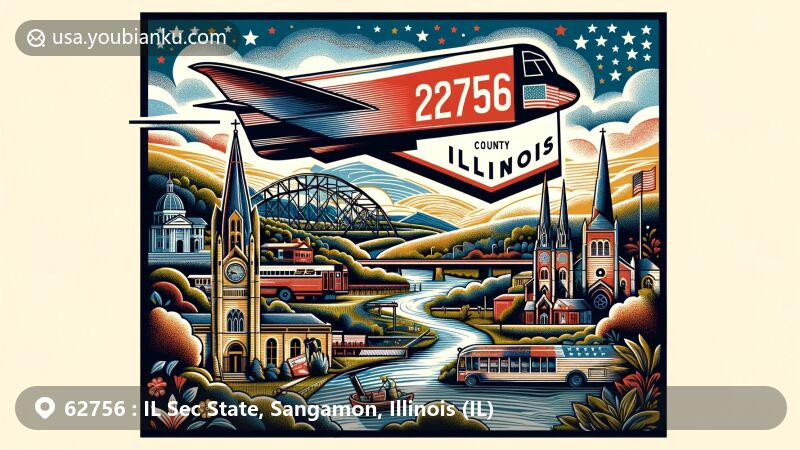 Modern illustration of Sangamon County, Illinois, showcasing postal theme with ZIP code 62756, featuring Central Springfield Historic District, Christ Episcopal Church, and Lincoln Home National Historic Site.
