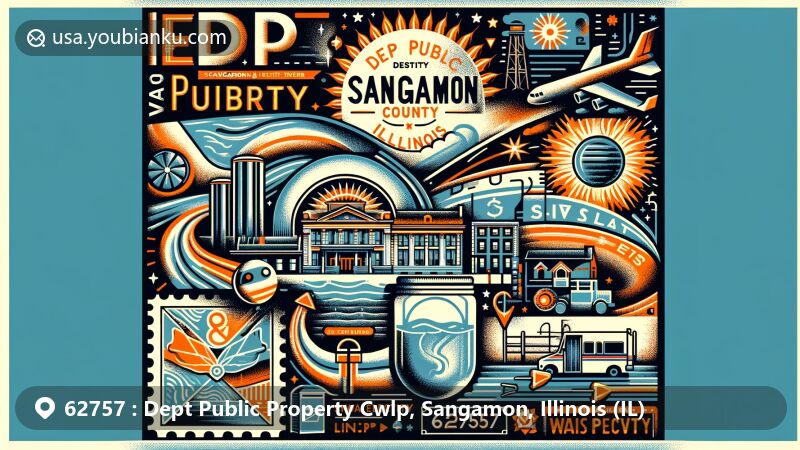 Innovative illustration of Dept Public Property Cwlp area in Sangamon, Illinois, with postal theme and symbols representing CWLP facilities.