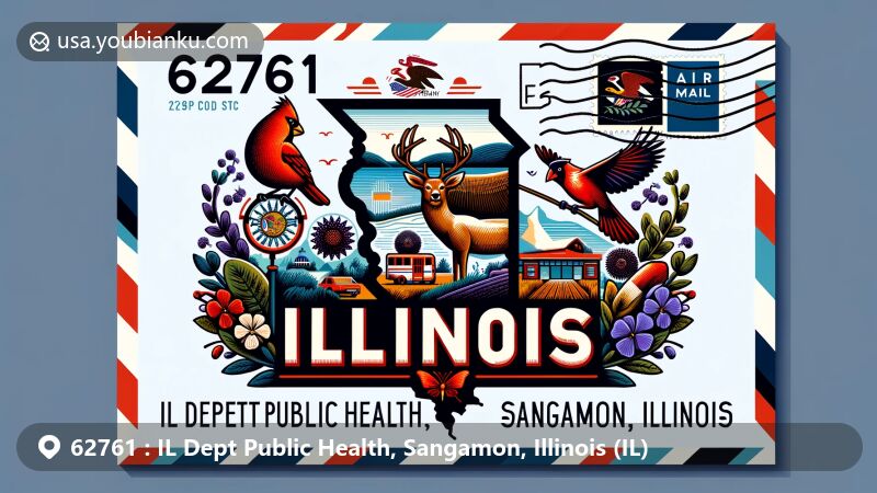 Creative illustration featuring the Illinois Department of Public Health in Sangamon County, Illinois, with state symbols like the flag, white-tailed deer, cardinal, and violet, set in a landscape backdrop within an air mail envelope.