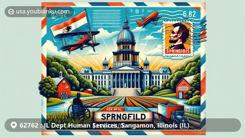 Modern illustration of Springfield, Sangamon County, Illinois, emphasizing ZIP code 62762, showcasing Illinois State Capitol and postal theme.