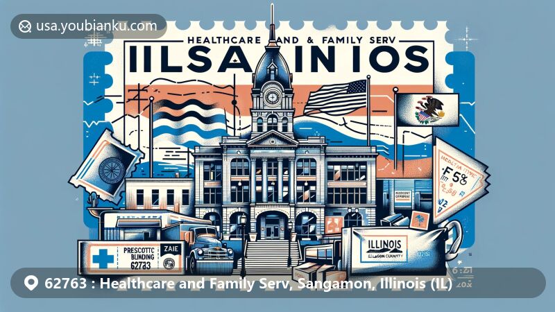 Modern illustration of Sangamon County, Illinois showcasing Healthcare and Family Services in ZIP code 62763, featuring Prescott Bloom Building and Illinois state flag.